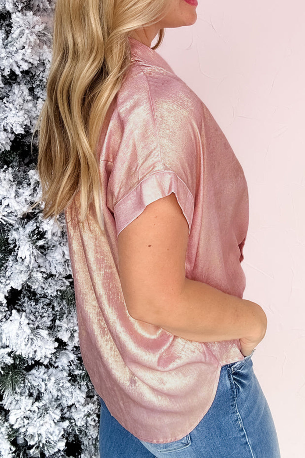 Metallic Buttoned Loose Fit Short Sleeve Shirt