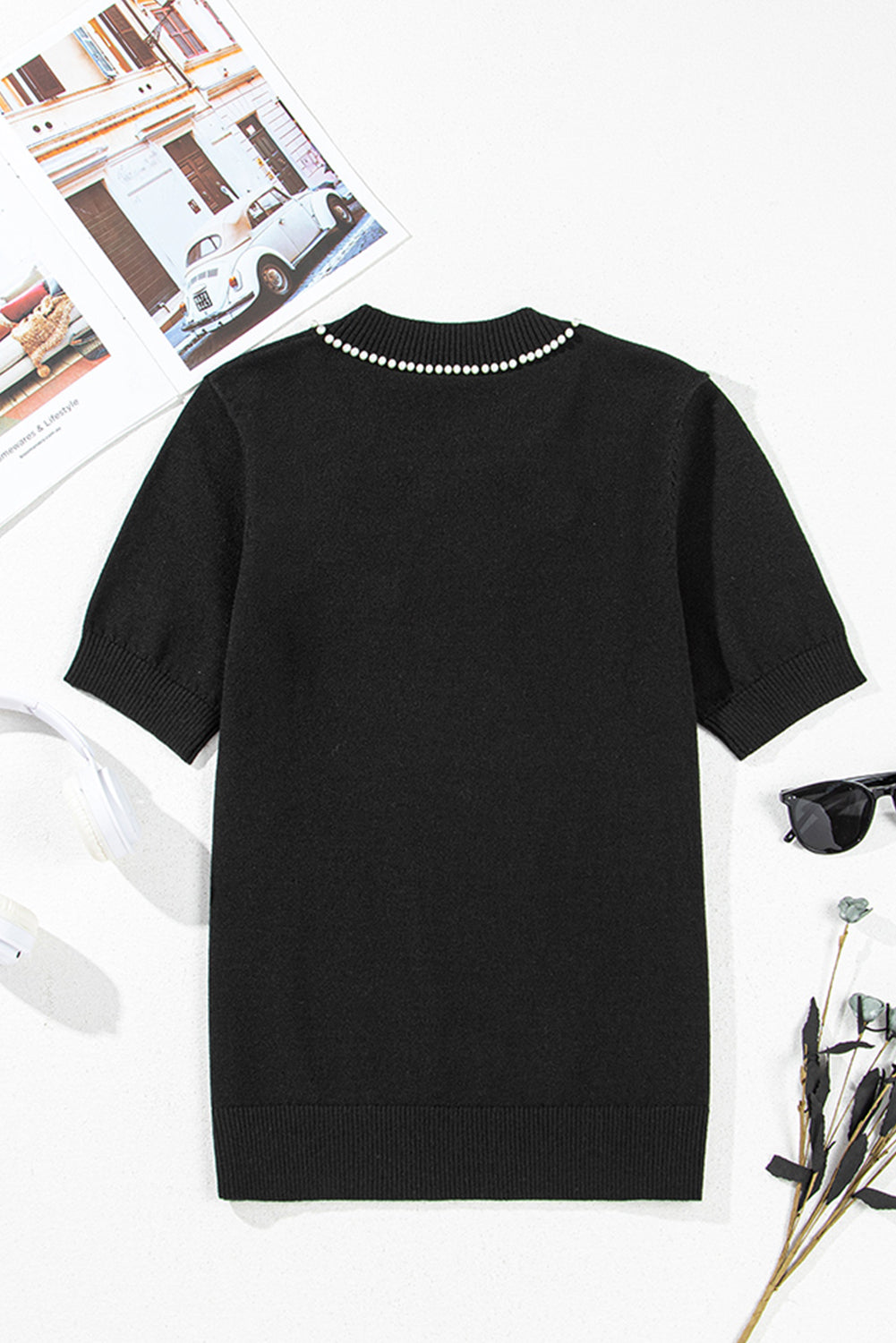 Pearl Bow Necklace Embellished Short Sleeve Knitted T Shirt