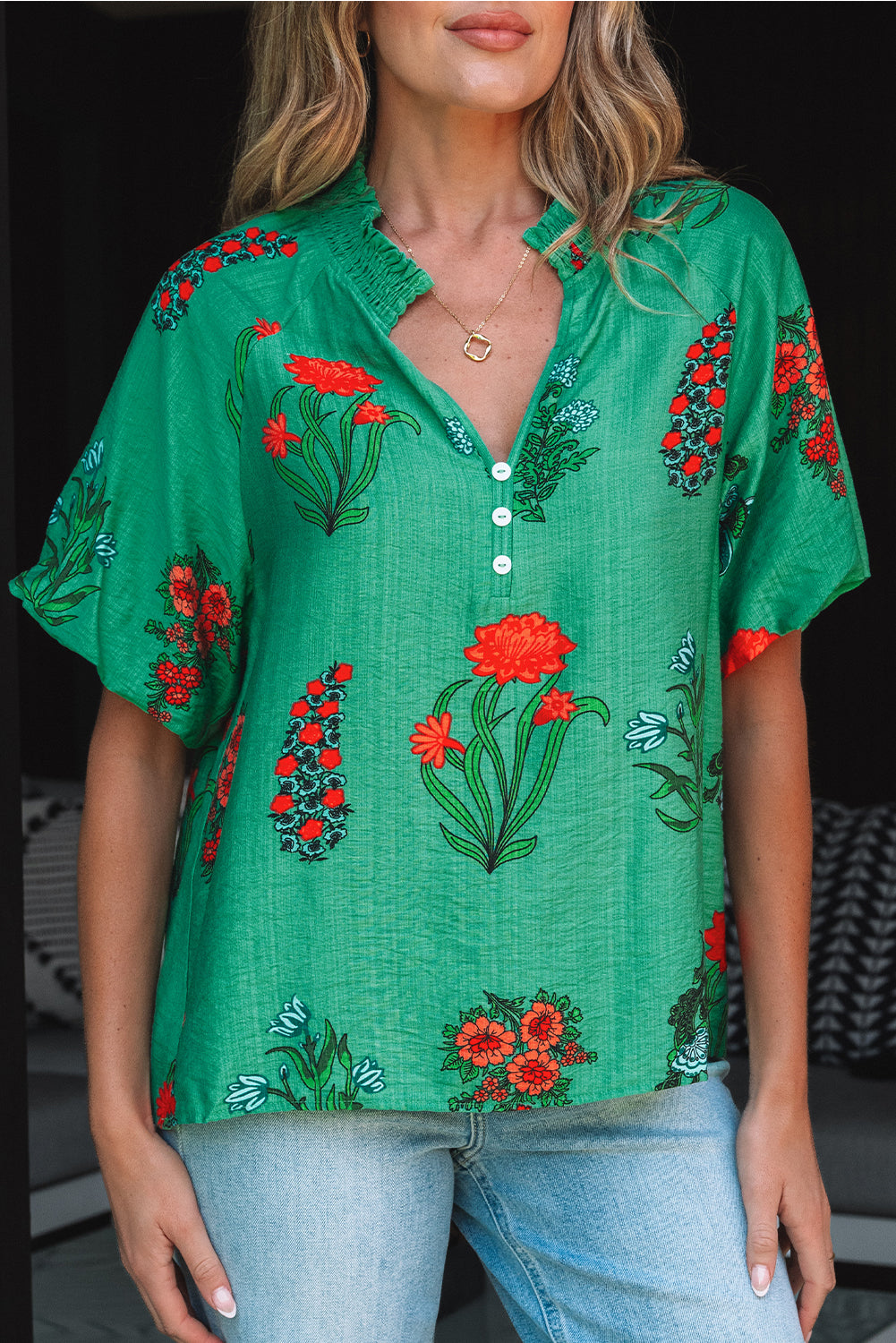 Floral Print Buttoned V Neck Short Sleeve Blouse