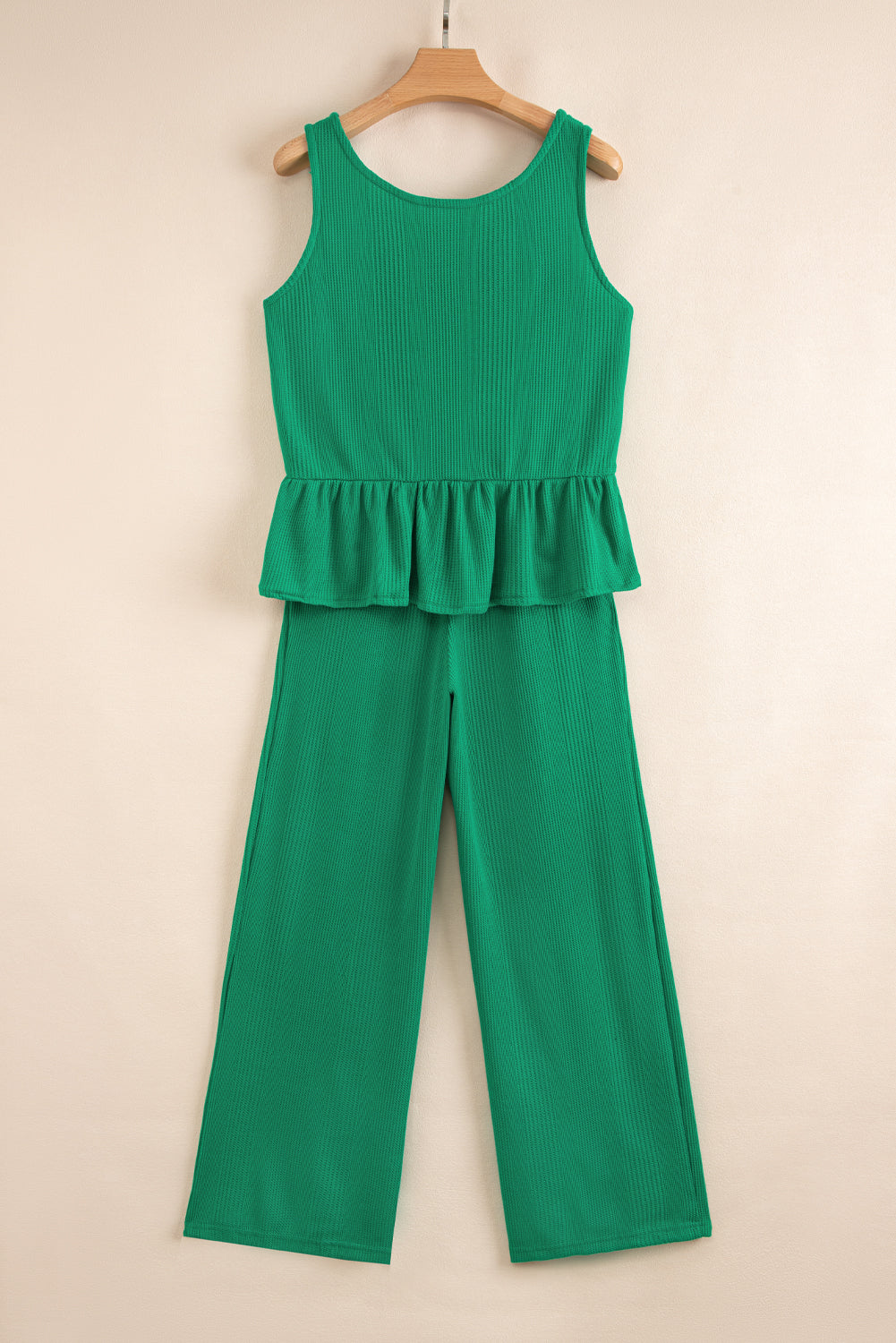 Solid Color Ribbed Ruffle Tank Top and Pants Set