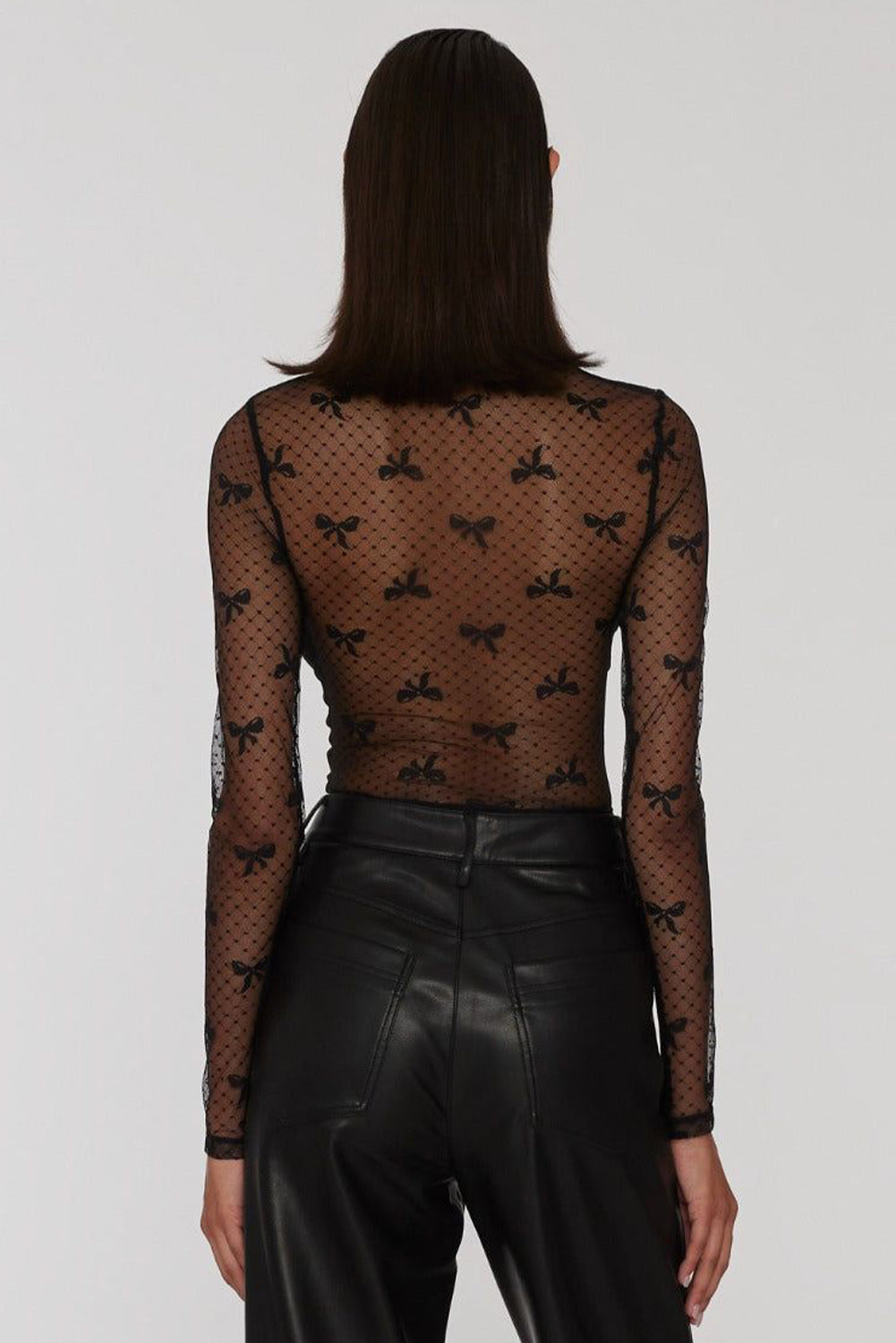 Bow Pattern Accent Mesh Long Sleeve Top