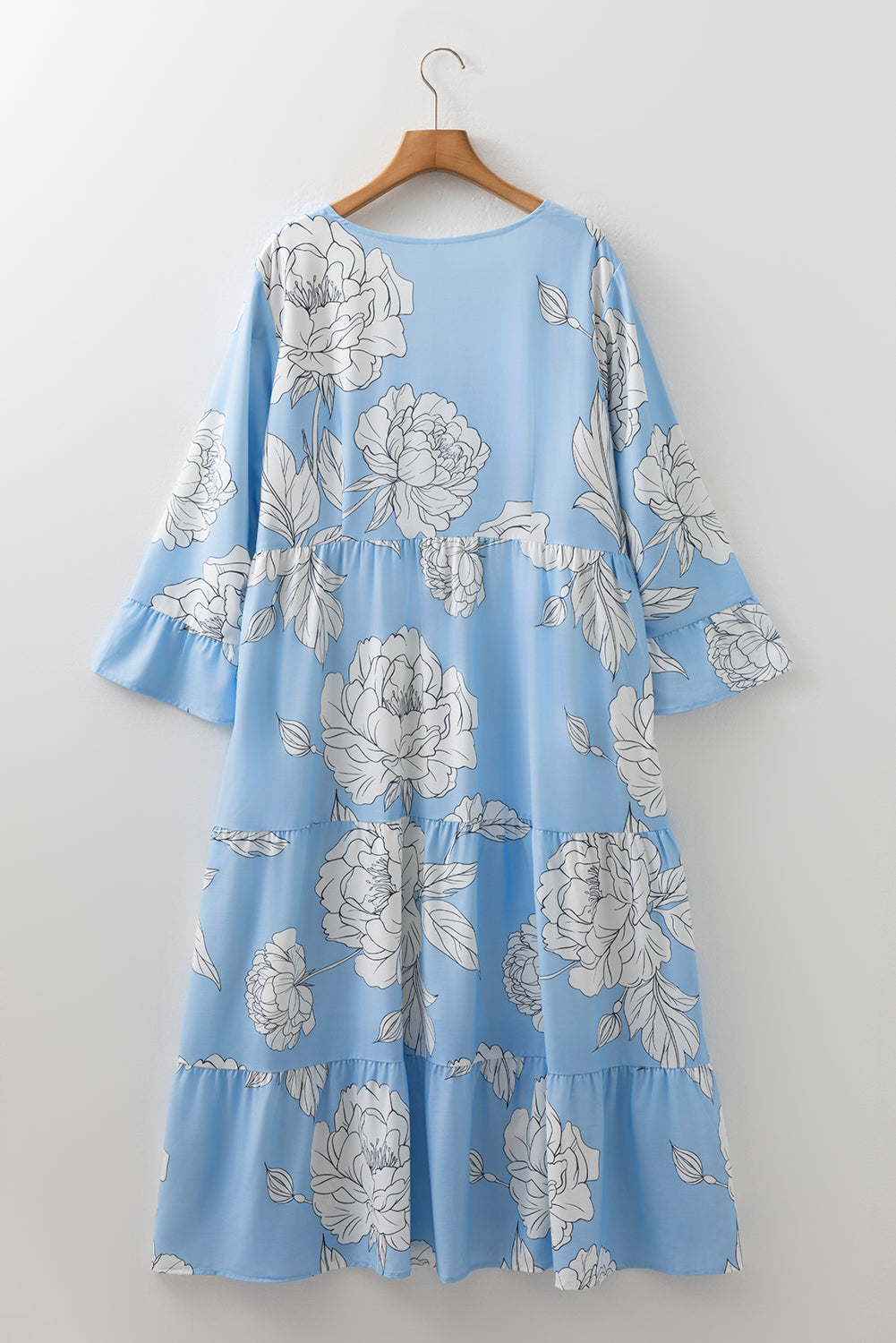 Floral Bracelet Sleeve V Neck Plus Size Tiered Maxi Dress