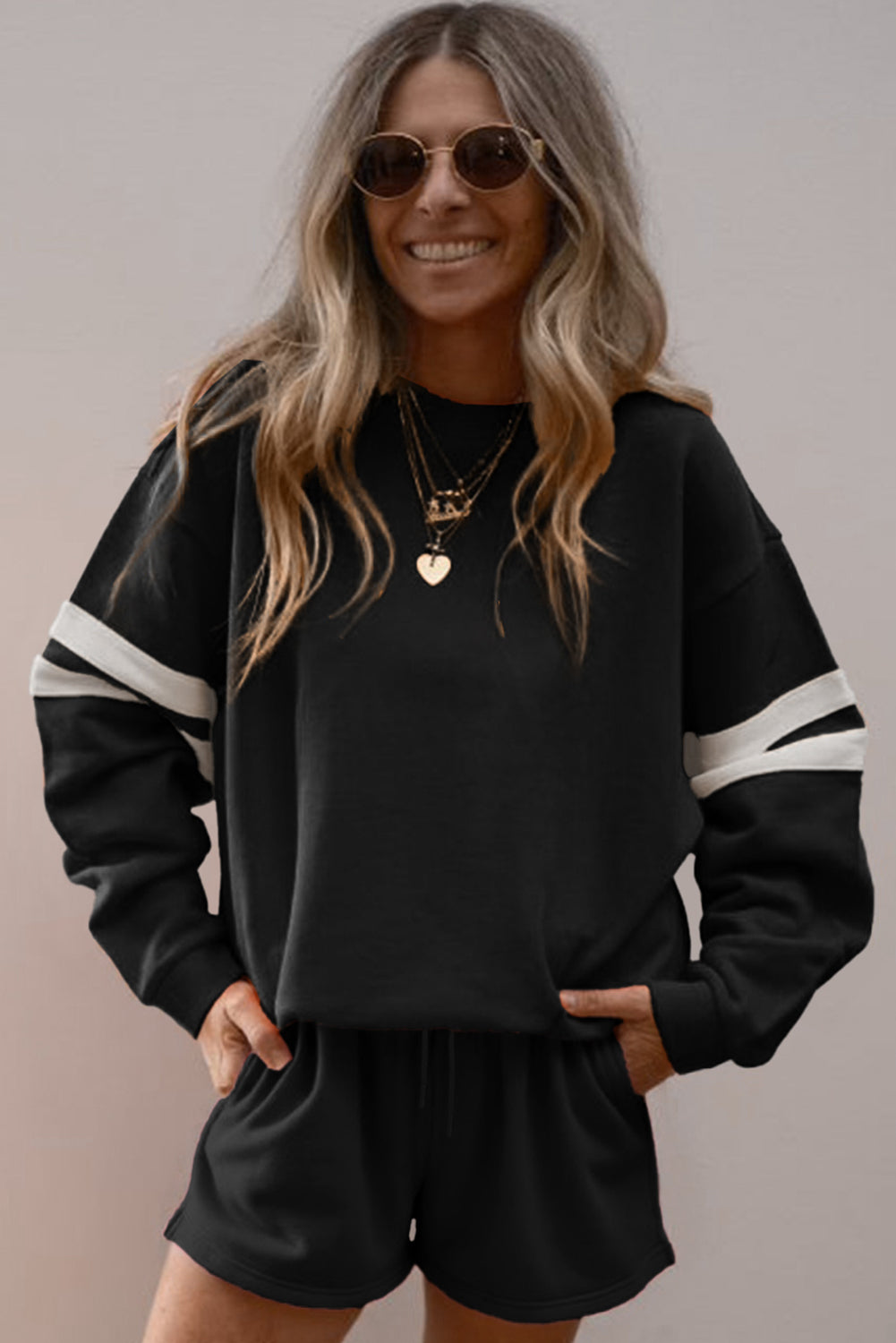 Varsity Striped Sleeve Drop Shoulder Sweatshirt and Short Set