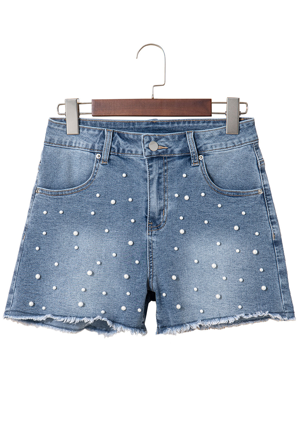 Pearl Beaded Raw Hem Medium Wash Denim Shorts