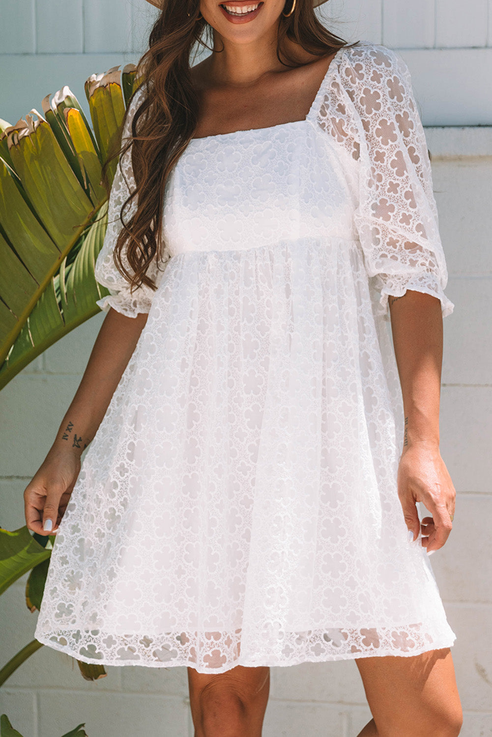 Floral Lace Puff Sleeve Empire Waist Mini Dress