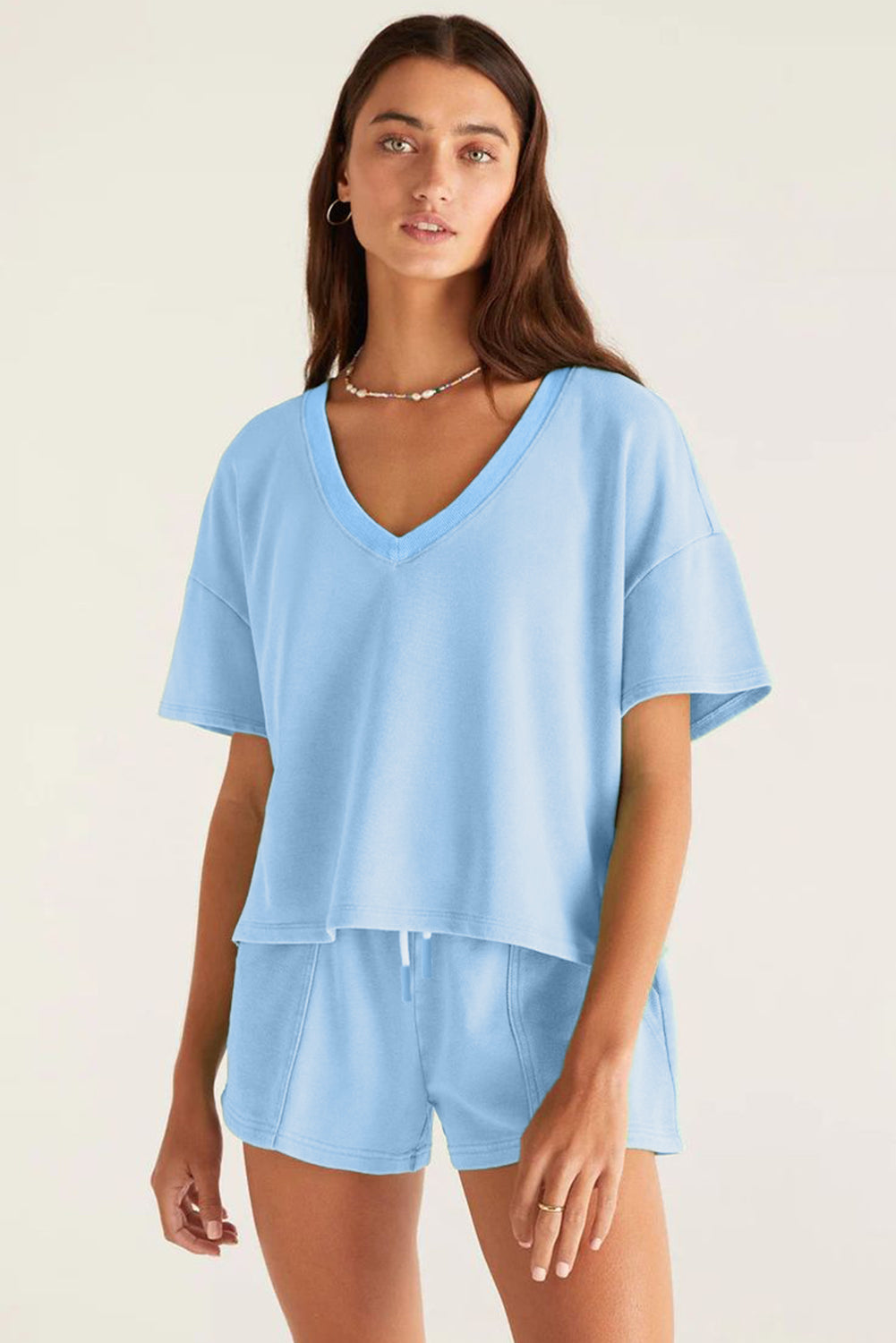 V Neck Drop Shoulder Tee and Patchwork Drawstring Shorts Set