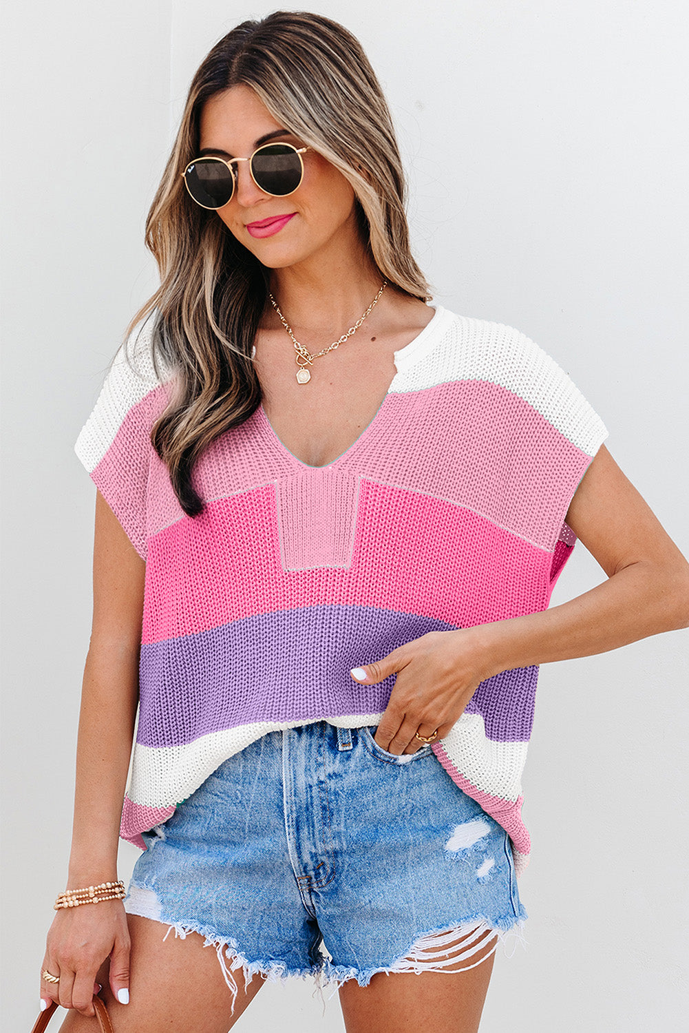 Color Block Notch V Neck Sweater T Shirt