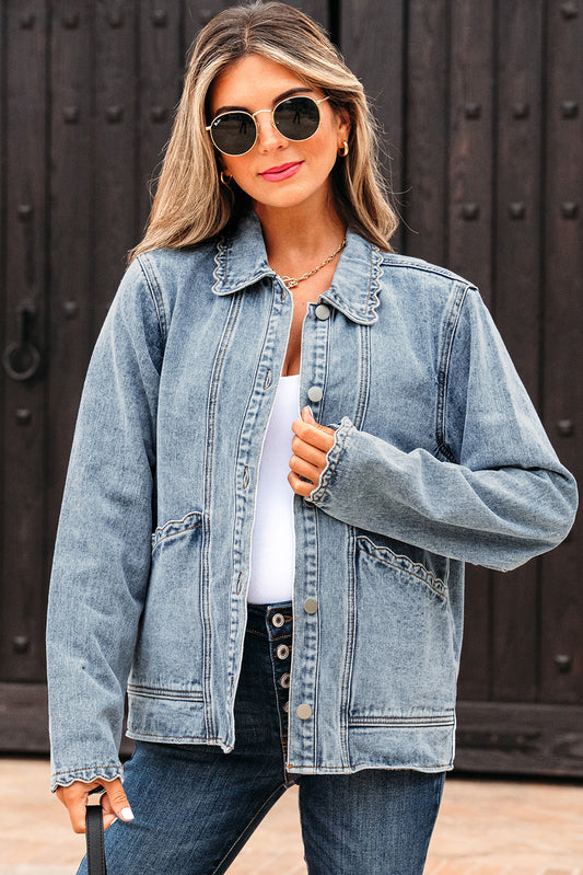 Scallop Trim Collar Patched Pocket Button Up Denim Jacket
