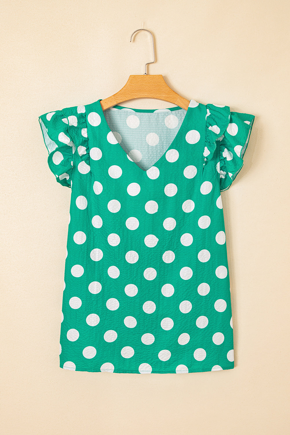 Polka Dot Print Ruffled Sleeve V Neck Blouse