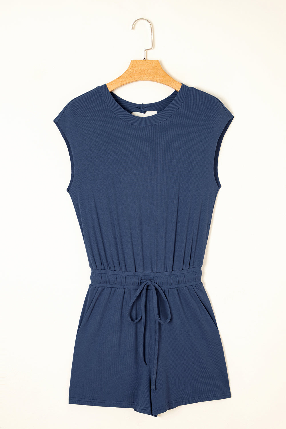 Knit Open Back Cap Sleeve Drawstring Romper