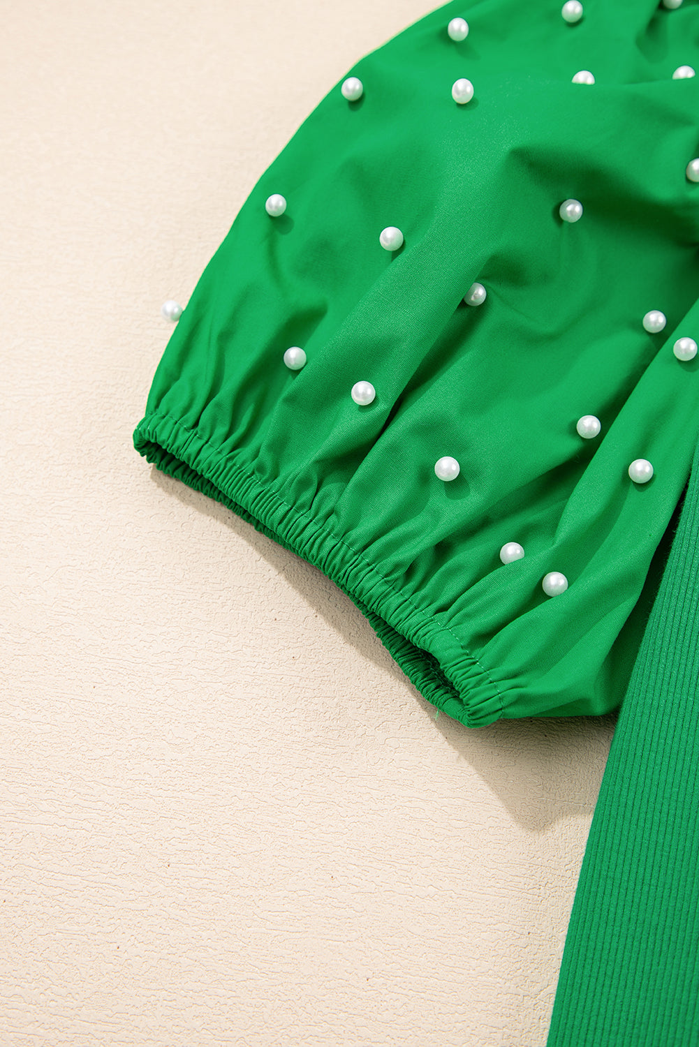 Ribbed Pearl Beaded Puff Sleeve Top