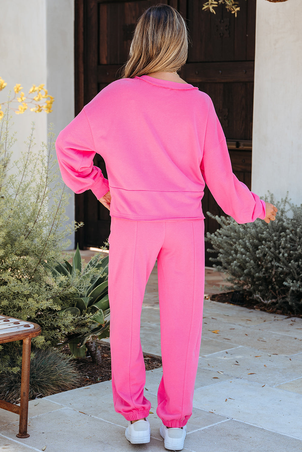 Raw Edge Half Buttons Pullover and Jogger Pants Set