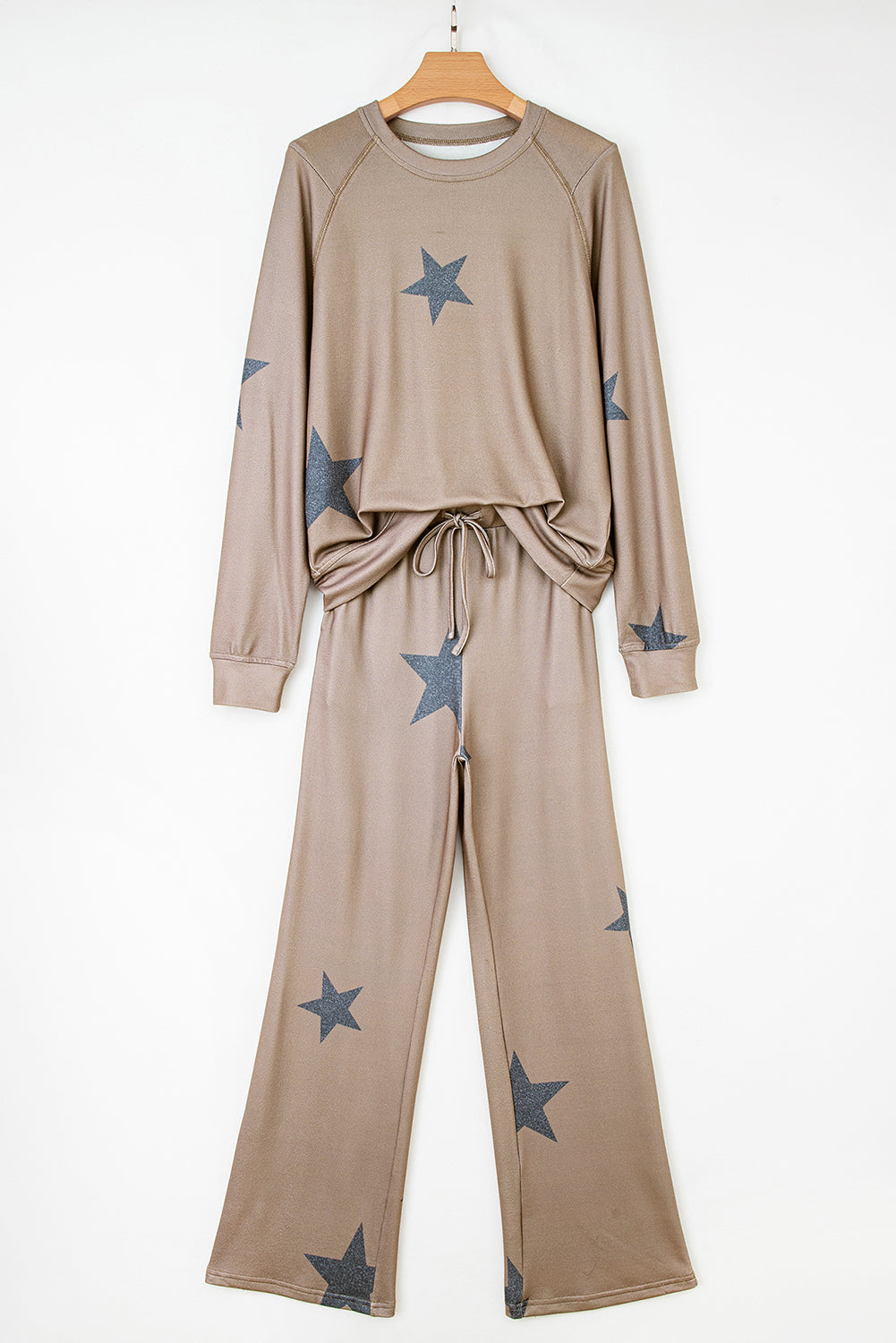 Retro Star Print Loose Long Sleeve Drawstring Wide Leg 2pcs Lounge Set