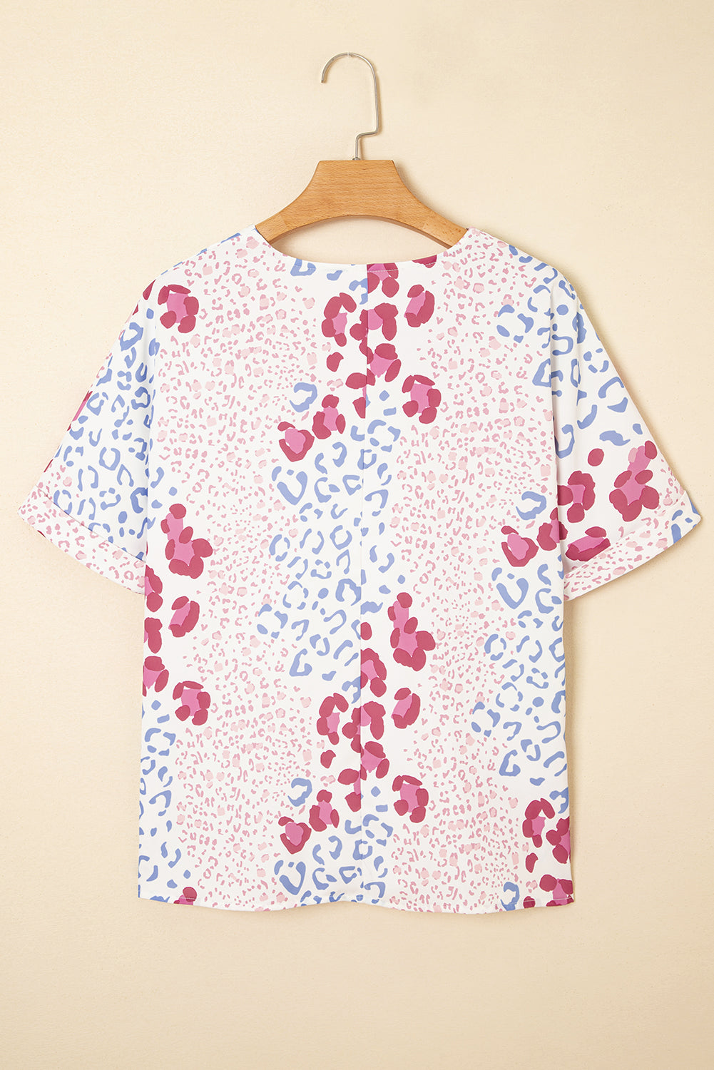 Mixed Leopard Print V Neck Short Sleeve Blouse