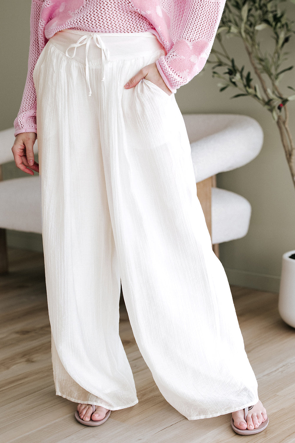 Casual Tie Waist Pleated Wide Leg Pants