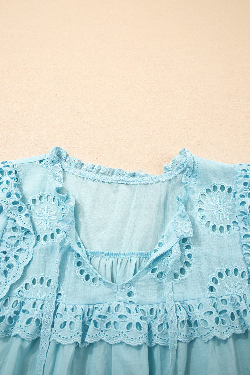 Embroidered Lace Patchwork Tie Neck Puff Short Sleeve Blouse