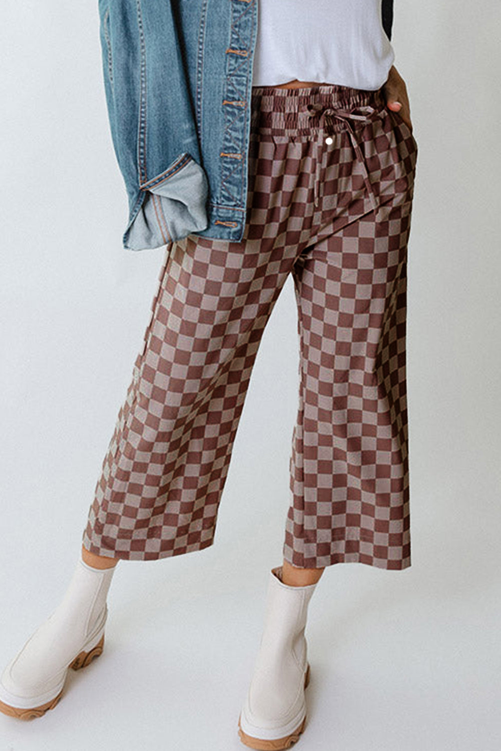 Checkered Elastic High Waist Loose Casual Pants