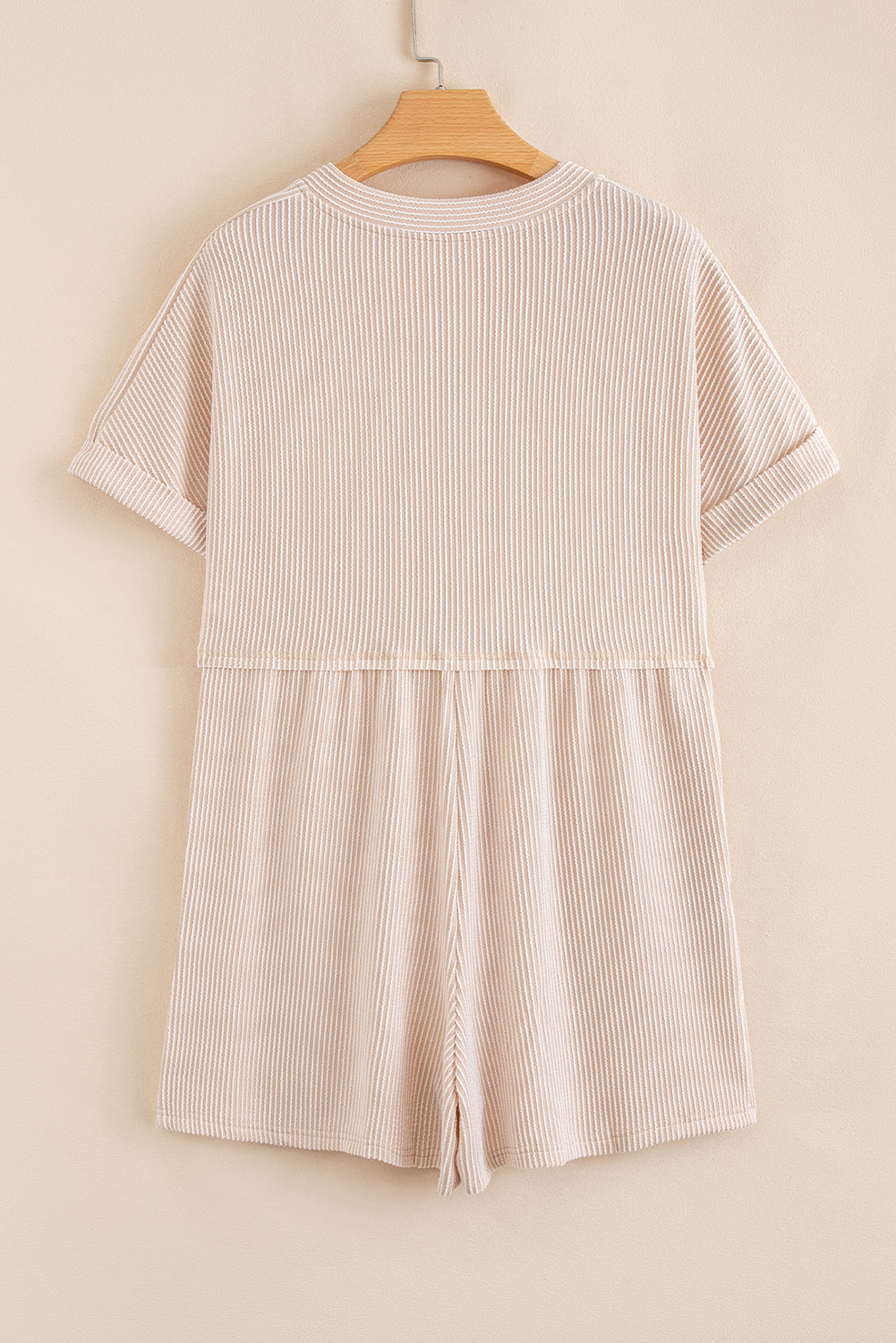 Spiral Ribbed Short Sleeve V Neck Buttoned Romper with Pocket