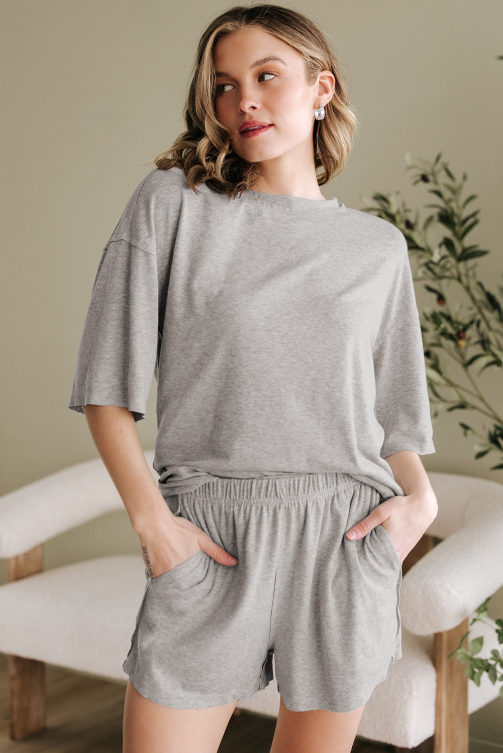 Solid Color Loose Tee 2 Piece Shorts Set