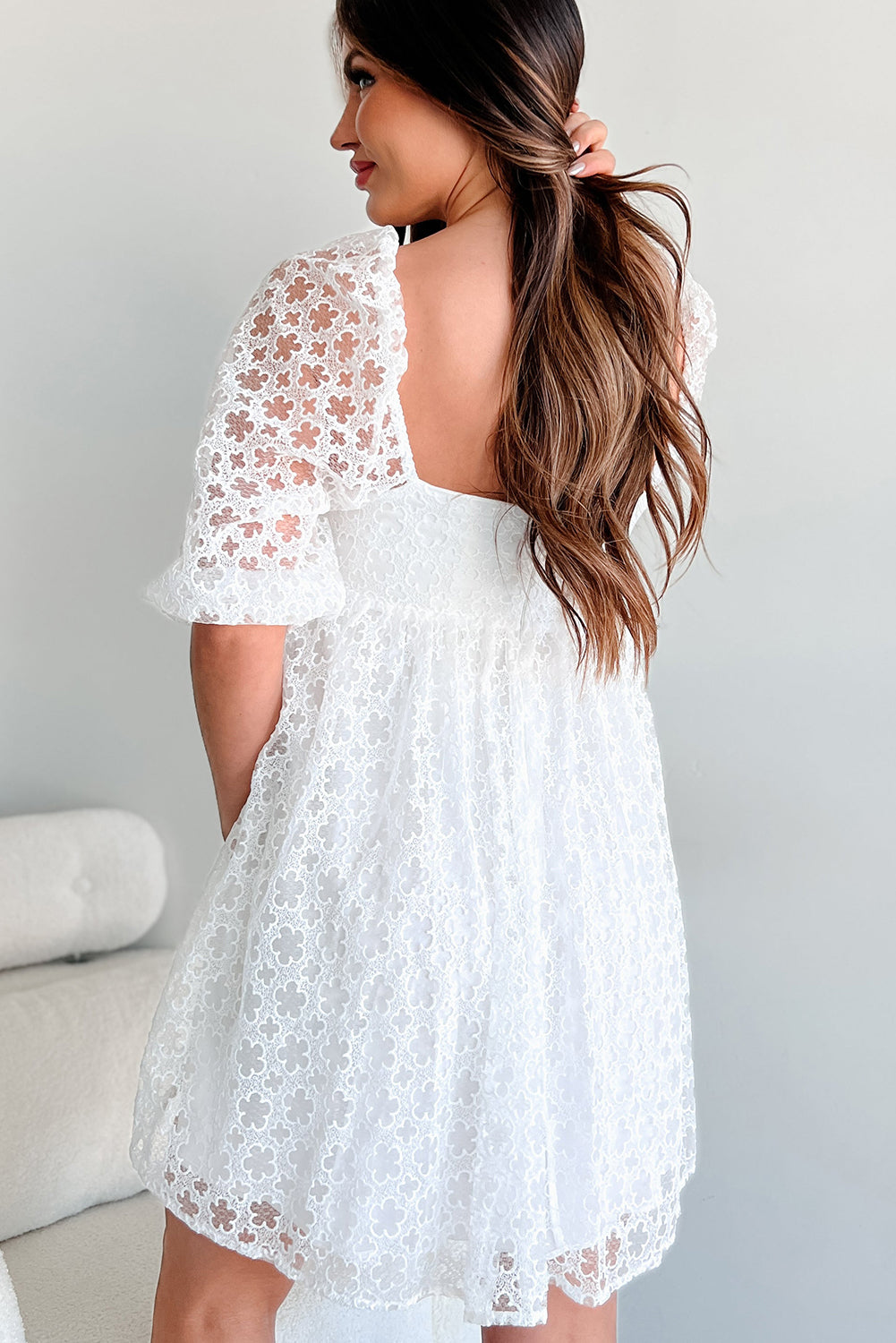 Floral Lace Puff Sleeve Empire Waist Mini Dress