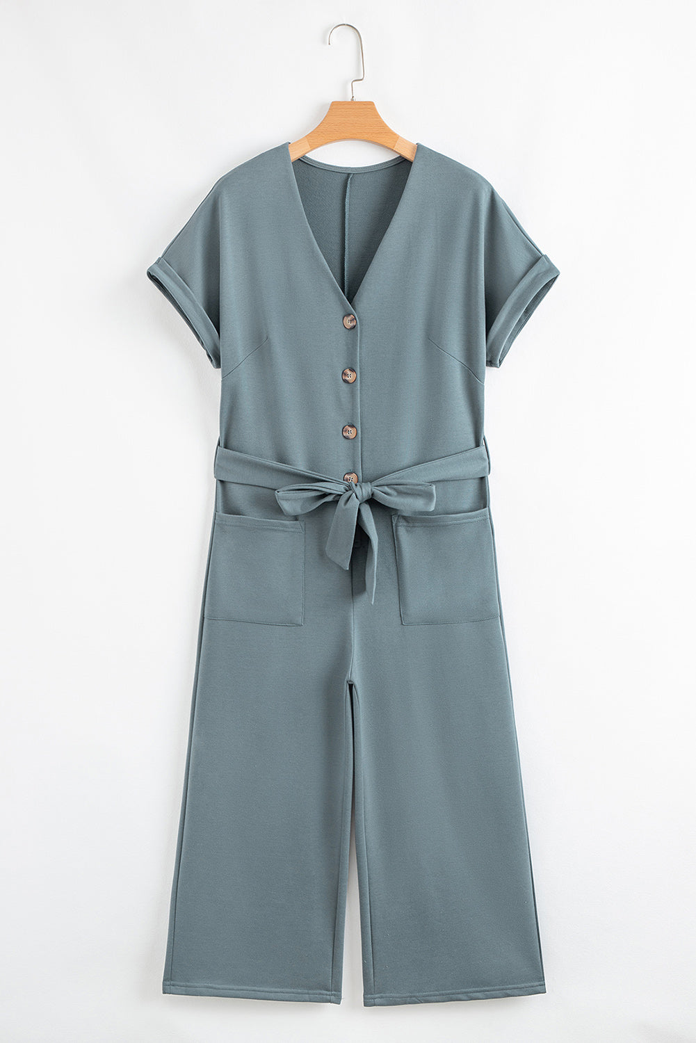 Dolman Button Belted V Neck Wide Leg Pocketed Jumpsuit
