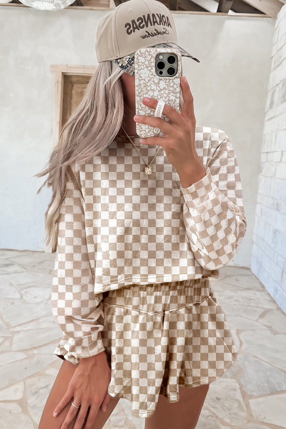 Checkered Long Sleeve Crop Top High Waist Skort 2pcs Set