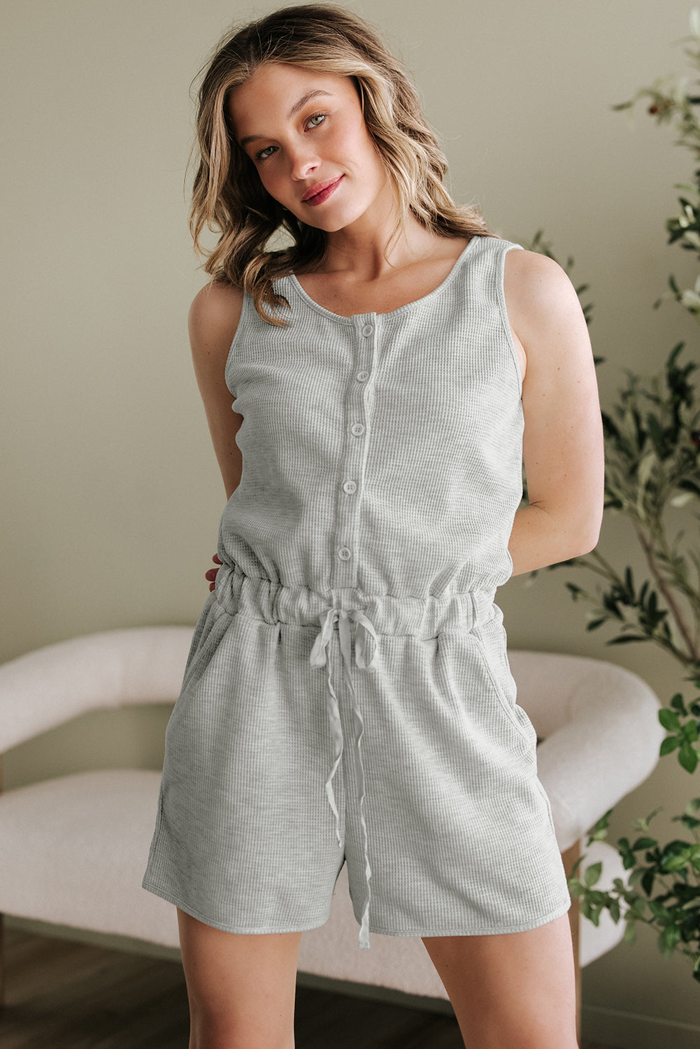 Waffle Knit Sleeveless Buttoned Front Drawstring Waist Romper