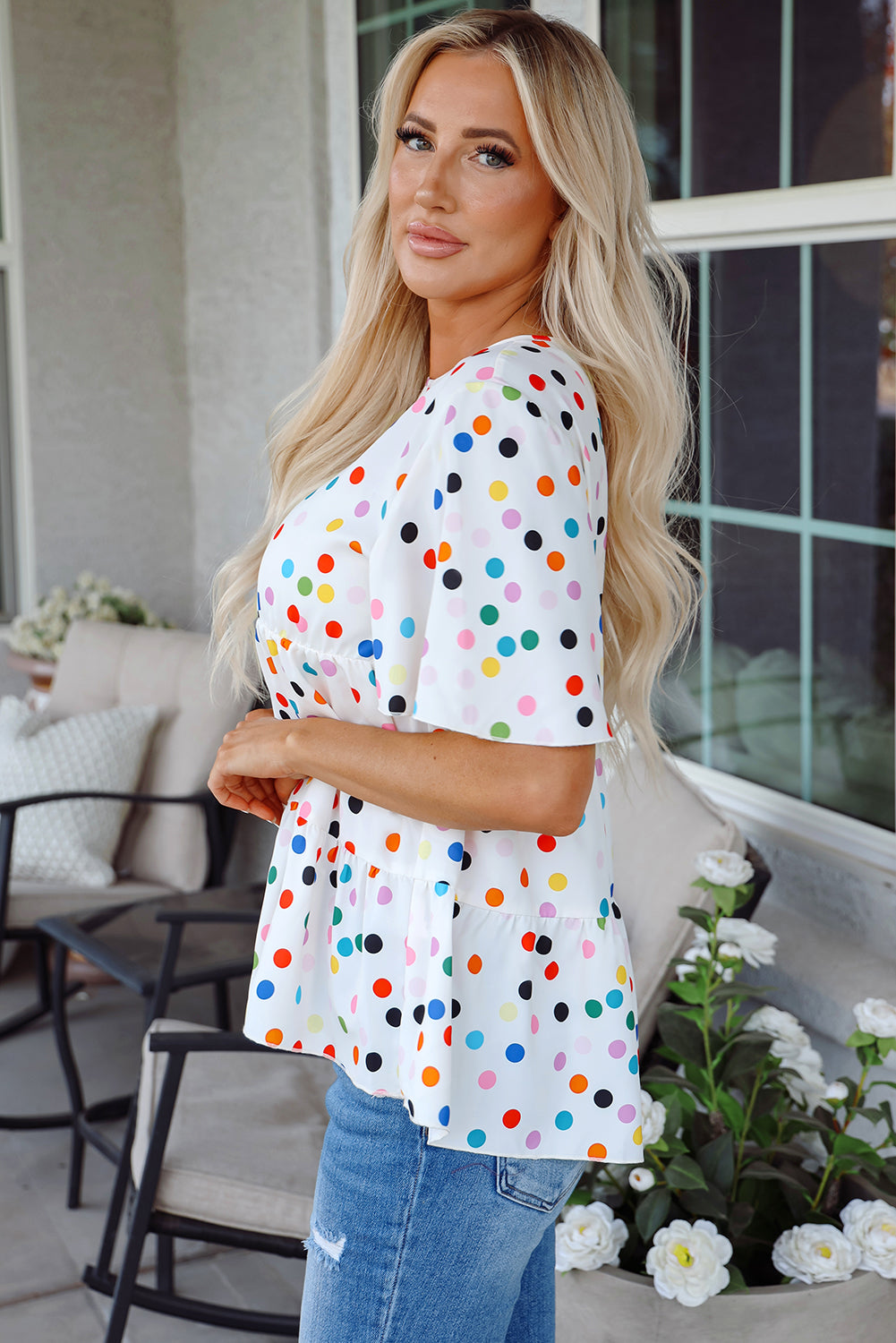 Colorful Polka Dot Short Sleeve Tiered Ruffled Babydoll Blouse