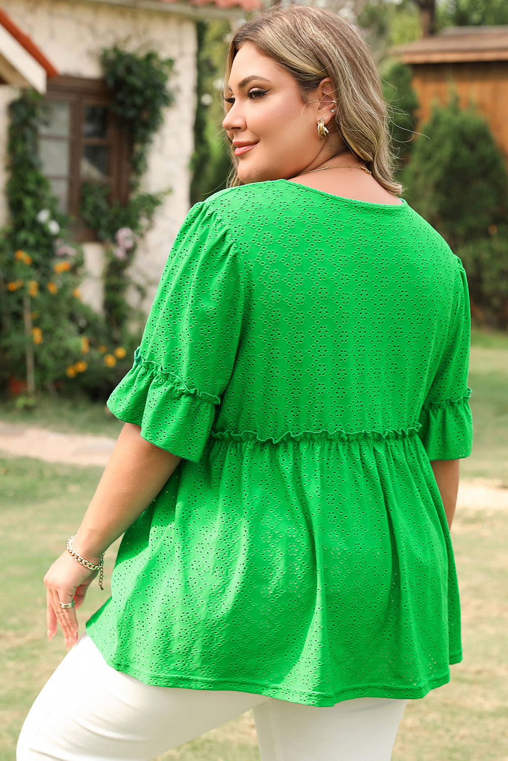 Textured Frilled Short Sleeve Plus Size Babydoll Blouse