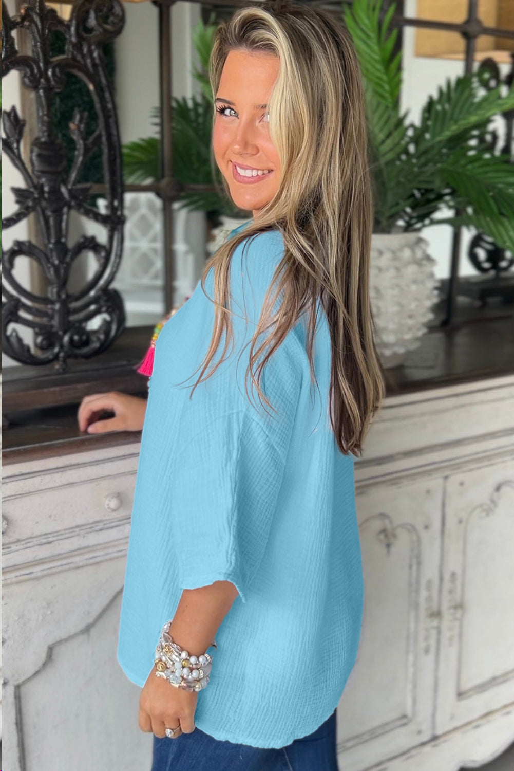 Crinkled Bracelet Sleeve Flowy Blouse