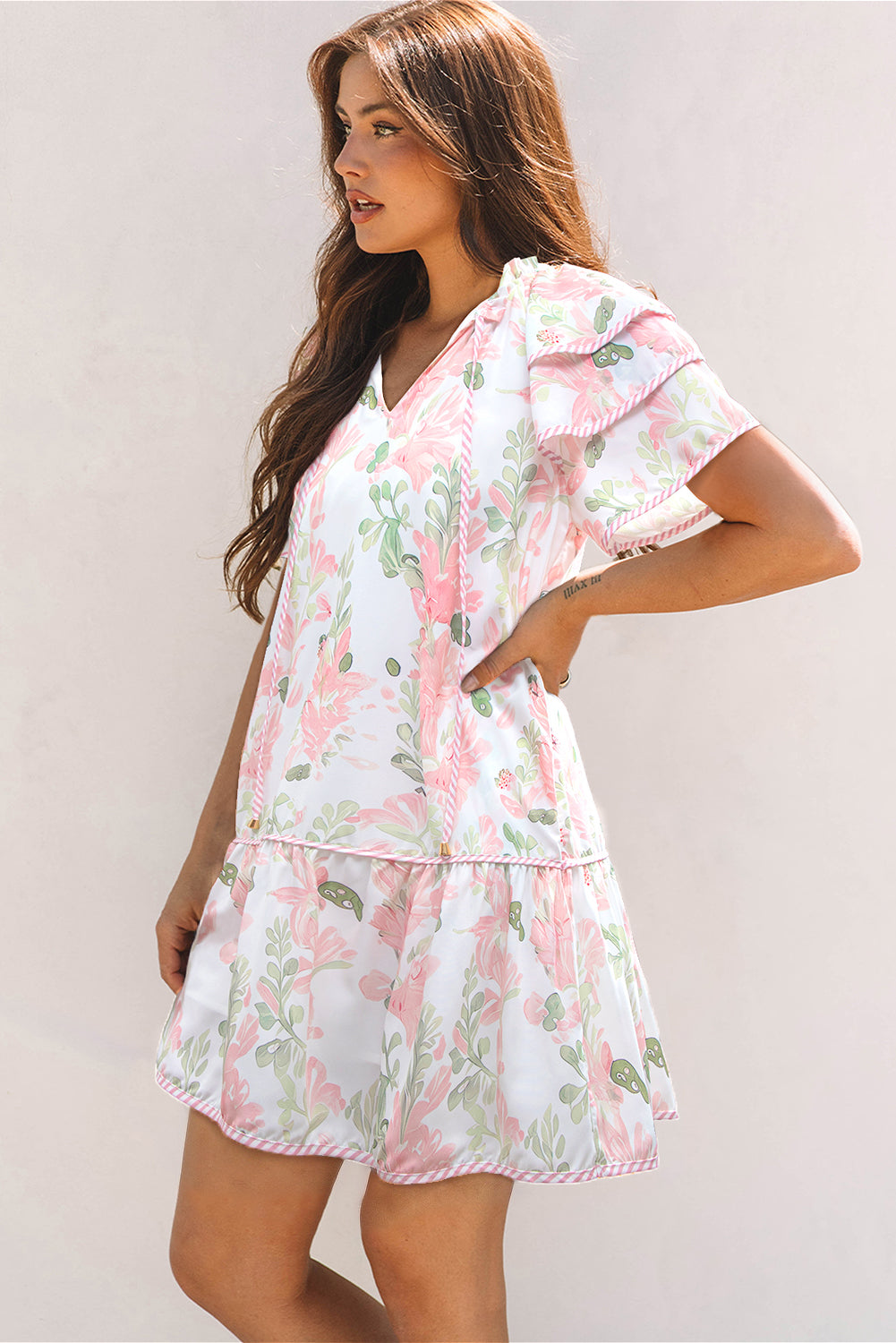 Floral Contrast Edge Layered Short Sleeve Mini Dress