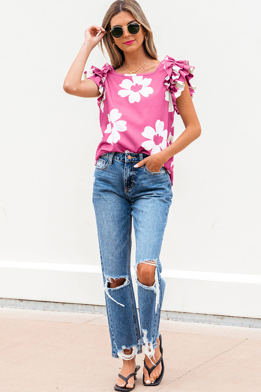Floral Textured Ruffled Short Sleeve Square Neck Blouse