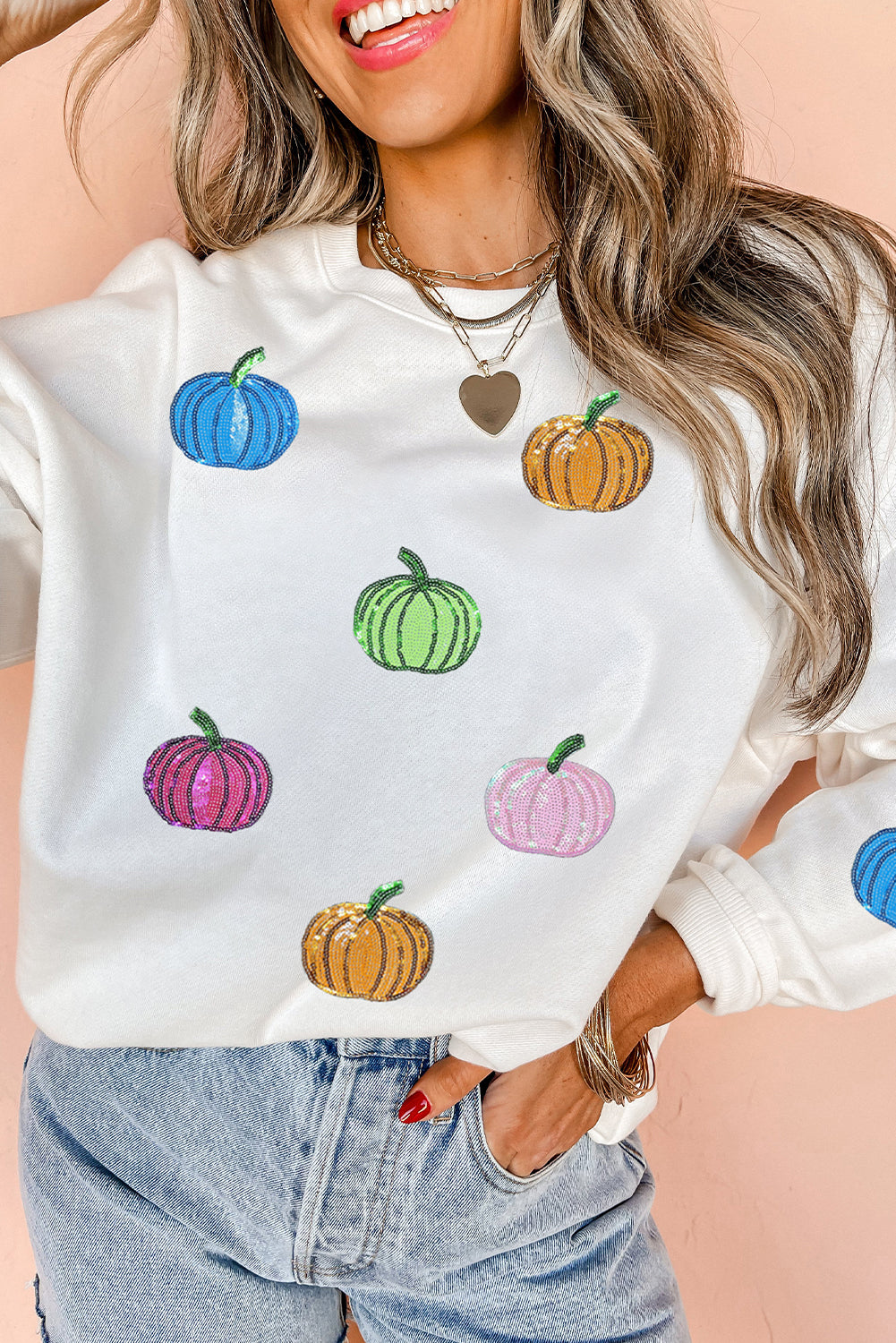 Colorful Pumpkin Sequin Patched Drop Shoulder Sweatshirt