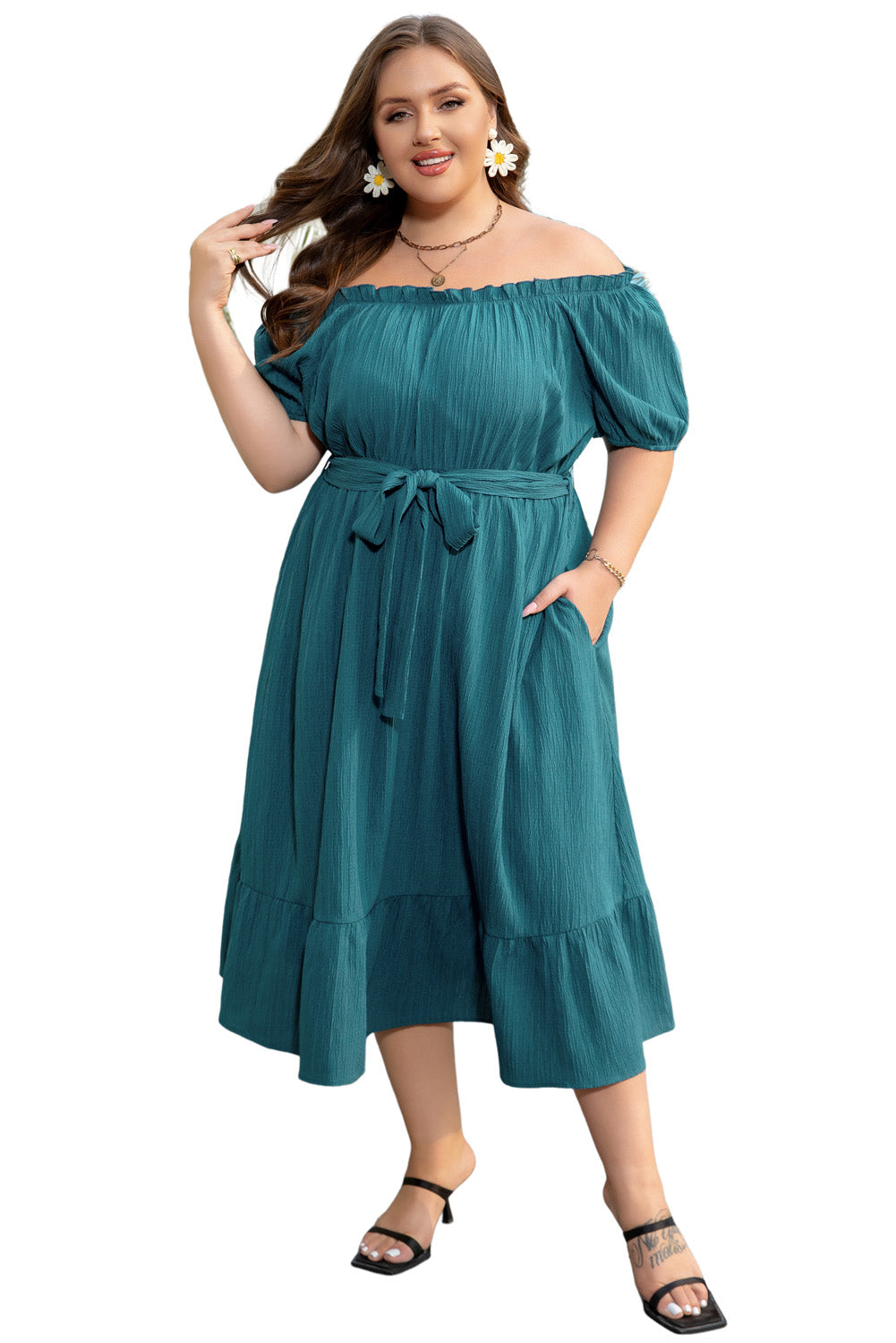 Frilled U Neck Puff Sleeve Belted Ruffle Hem Plus Size Midi Dress