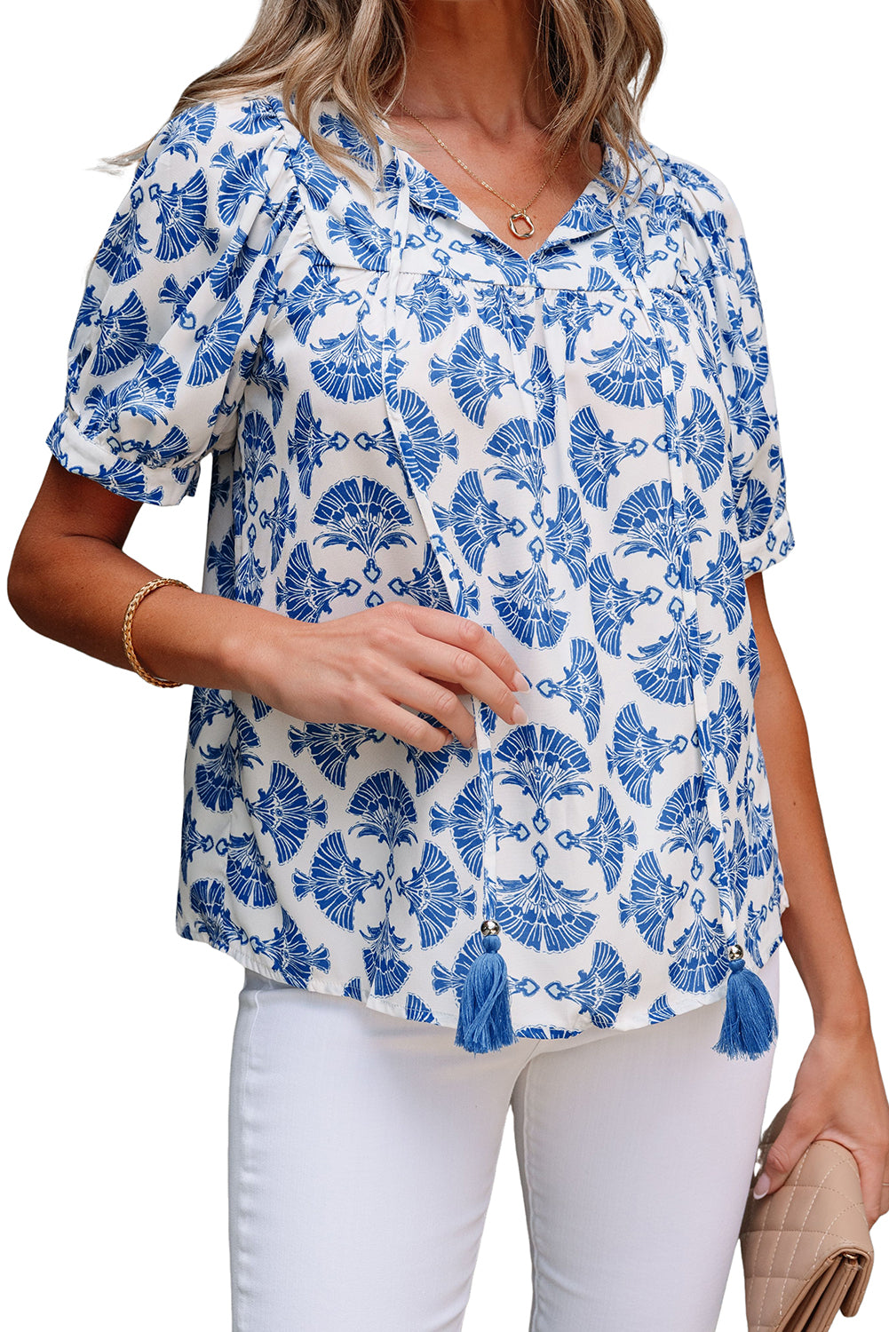 Geometric Print Tassel Drawstring V Neck Blouse