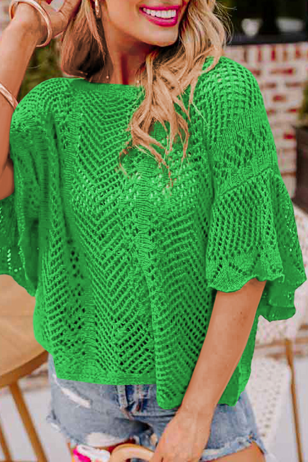Pointelle Knit Scallop Edge Short Sleeve Top