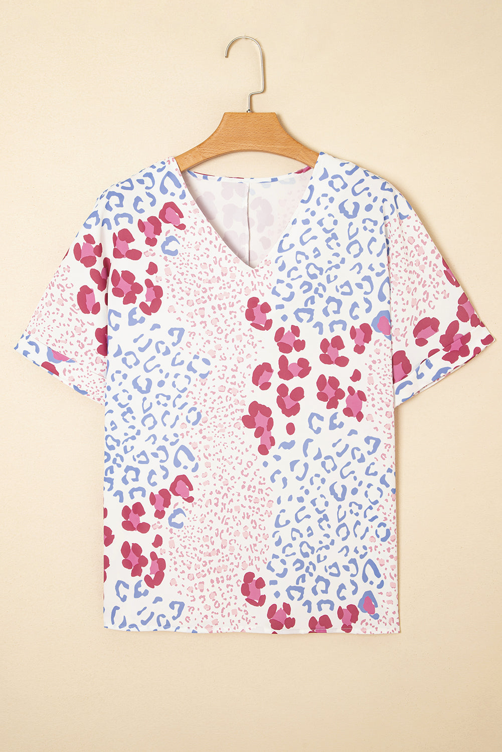 Mixed Leopard Print V Neck Short Sleeve Blouse