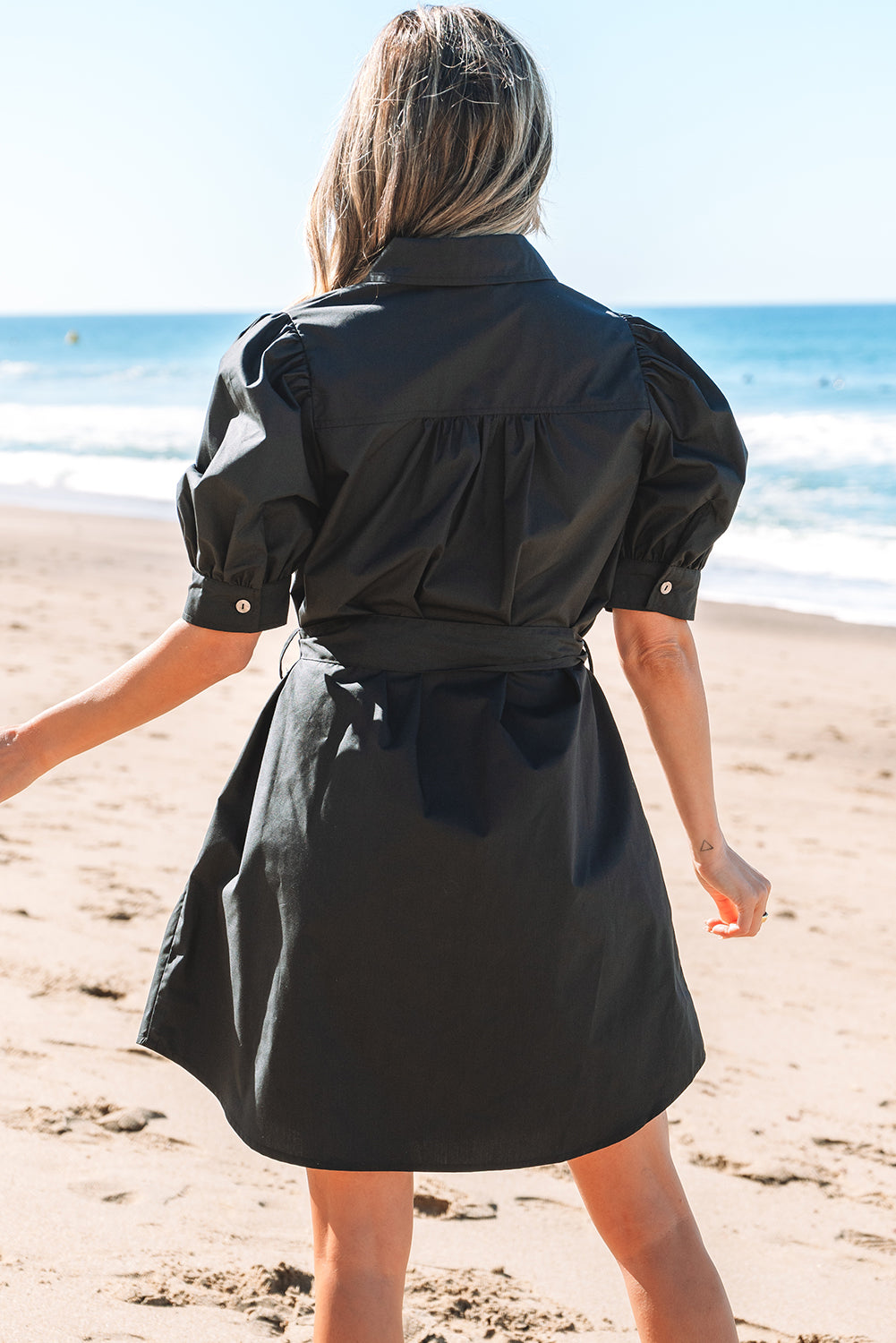 Button Up Tie Waist Puff Sleeve Mini Dress