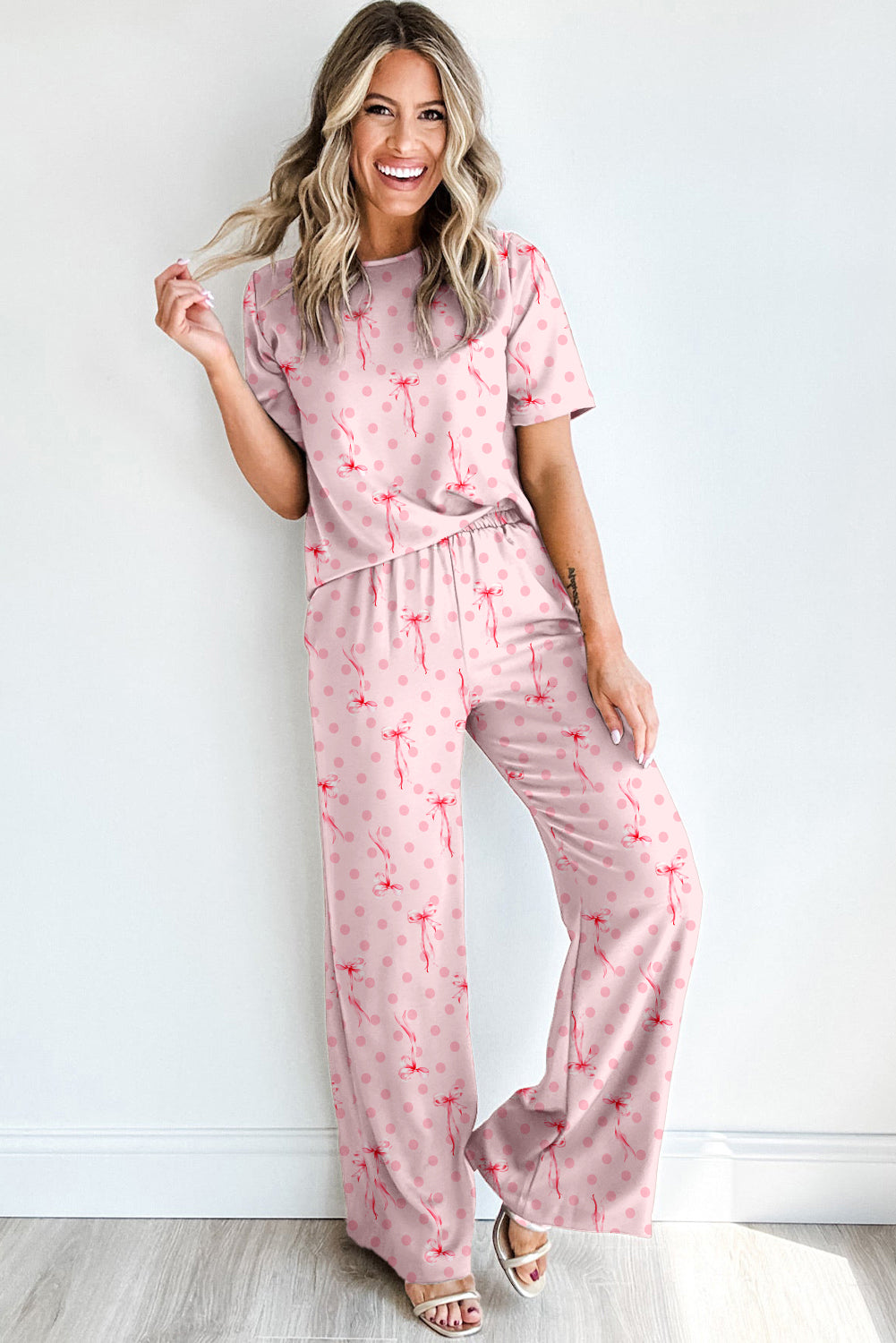 Bow Knot Polka Dot Print Short Sleeve Top Lounge Set