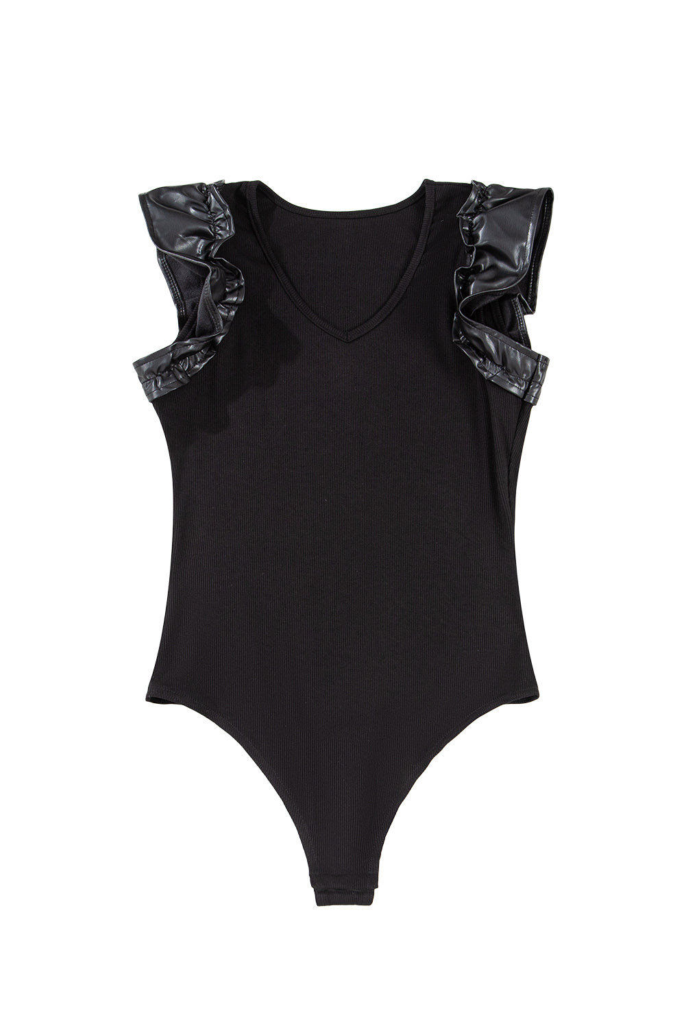 Leatherette Ruffle Patchwork Ribbed V Neck Bodysuit