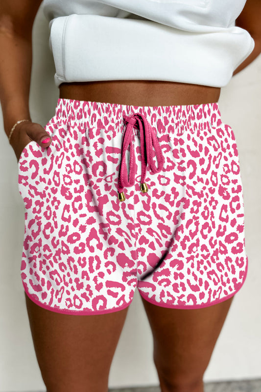 Leopard Elastic Waist Lace up Contrast Trim Casual Shorts