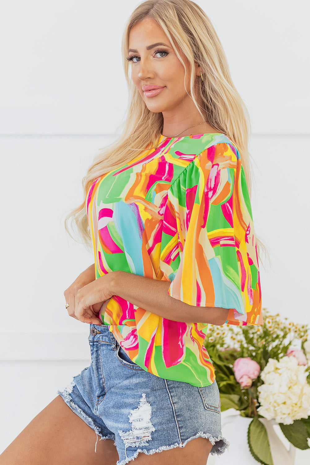 Abstract Print Keyhole Back Pleated Half Sleeve Blouse