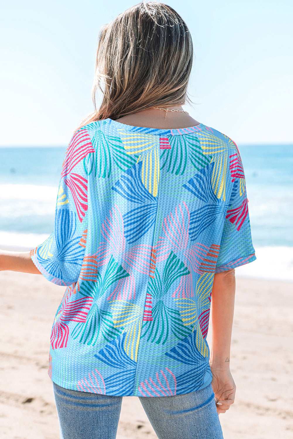 Bowknot Printed Waffle Crewneck Loose Short Sleeve Top
