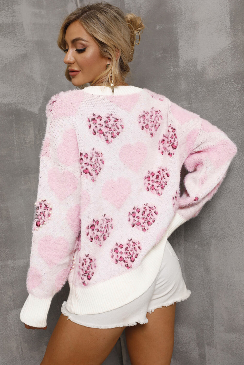 Heart Leopard Print Pearled Ribbed Trim Fuzzy Sweater