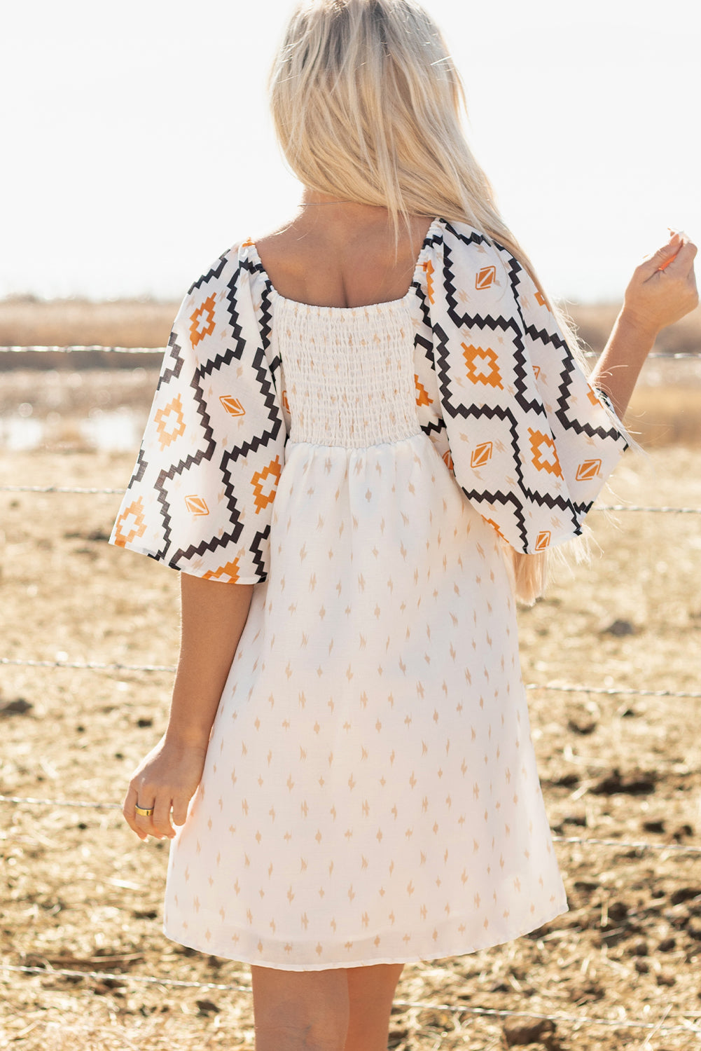Western Aztec Print Pleated Square Neck Loose Mini Dress