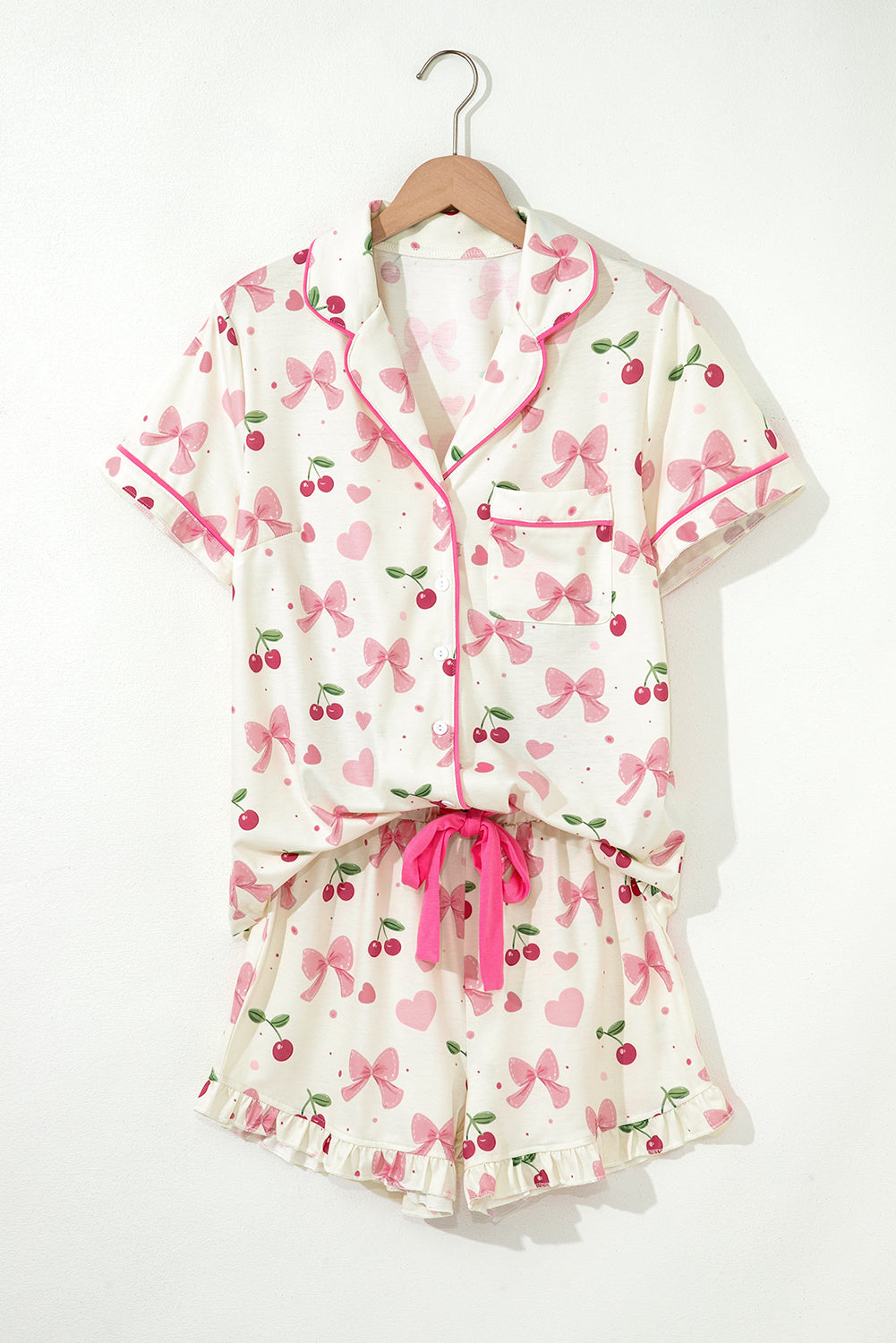 Bow Fruit Print Contrast Pipping Short Pajamas Set