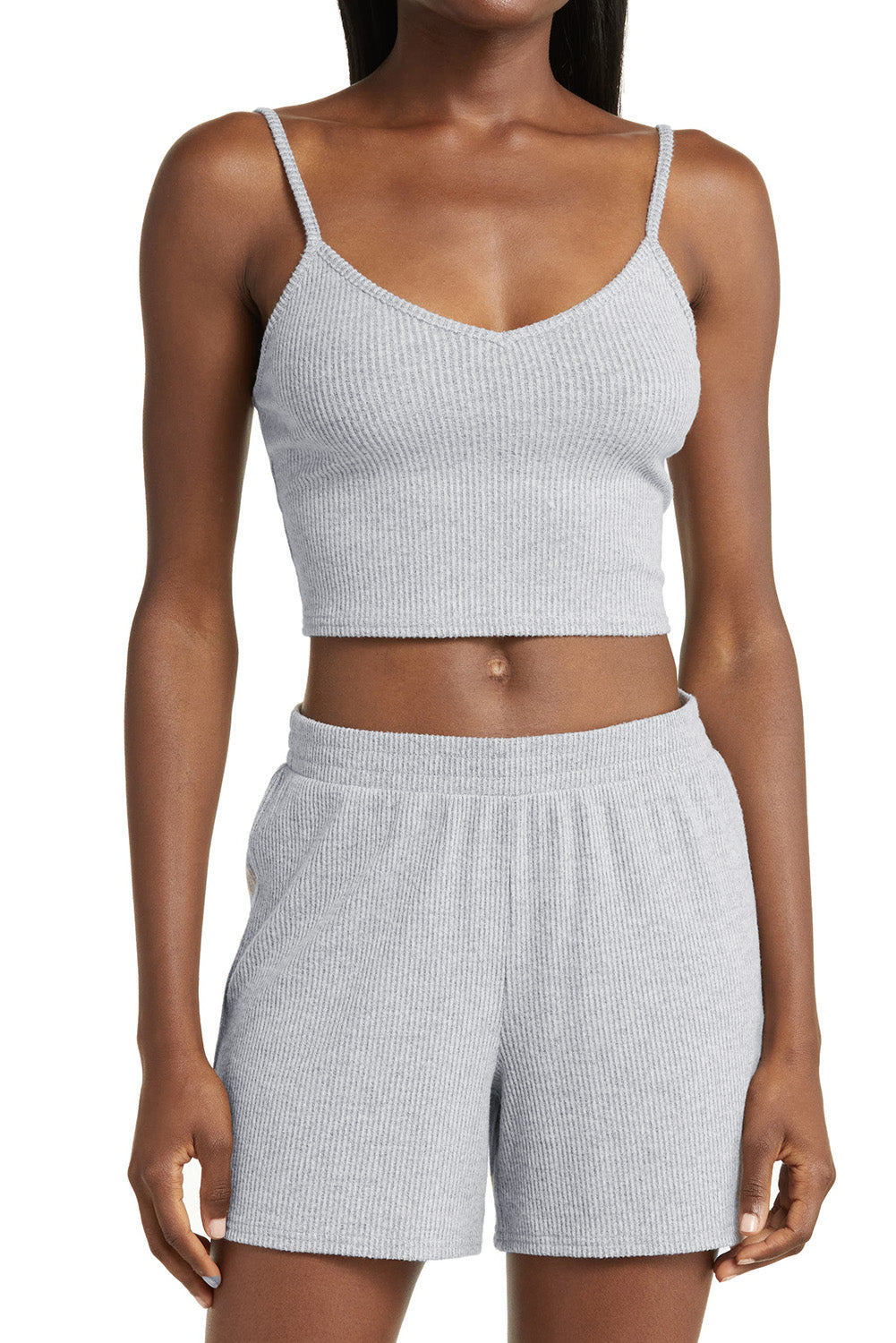 3 Pieces Rib Crop Camisole Matching Shorts Lounge Set with Cardigan