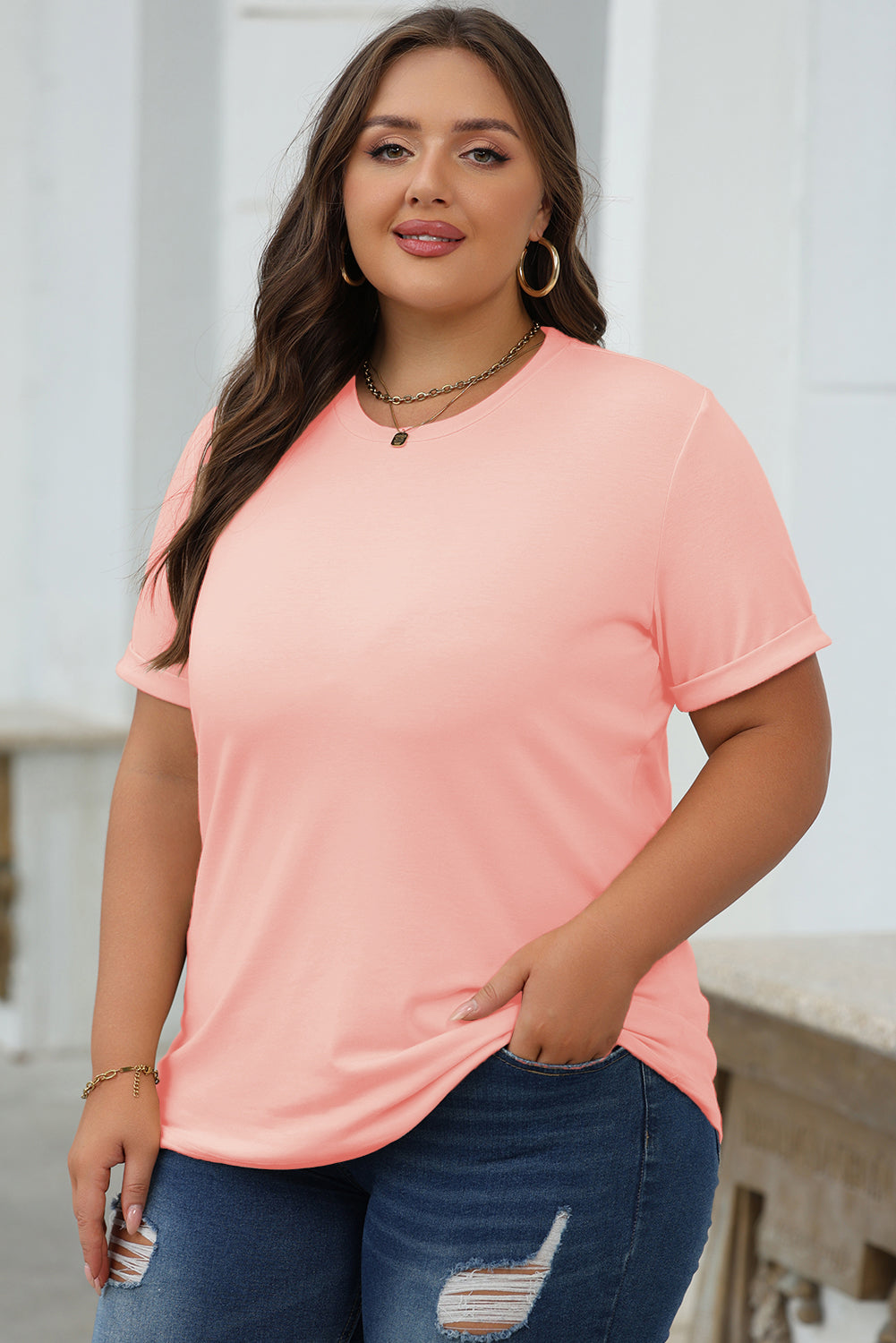 Casual Plain Crew Neck Tee