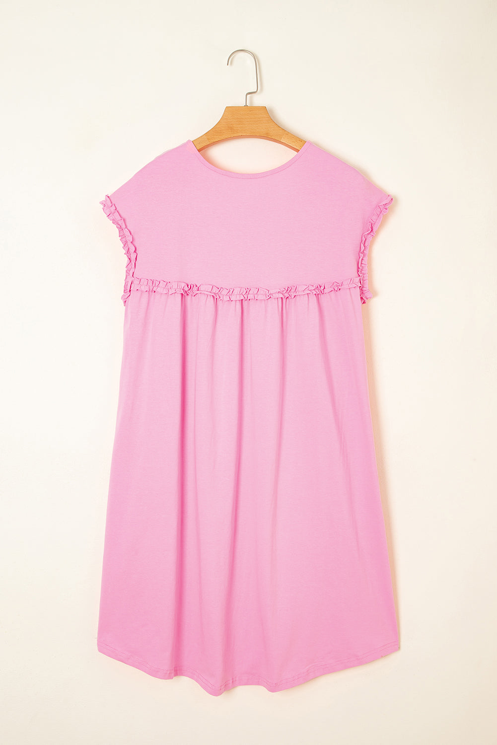 Frilled Trim Crew Neck Loose Fit Mini Dress