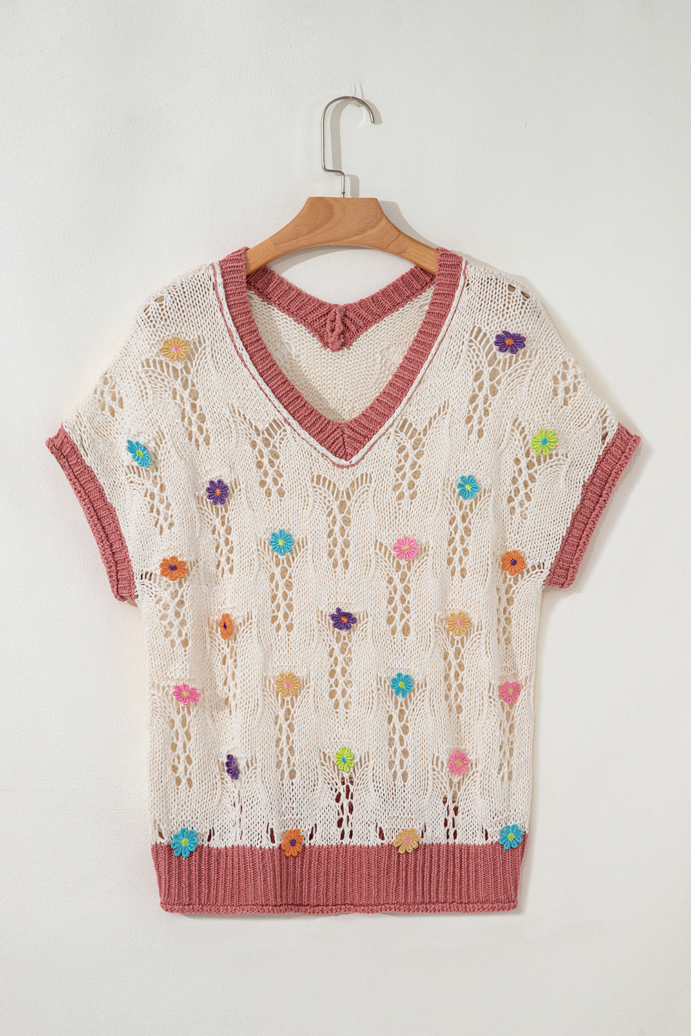 Embroidered Flowers Colorblock Edge Hollowed Sweater